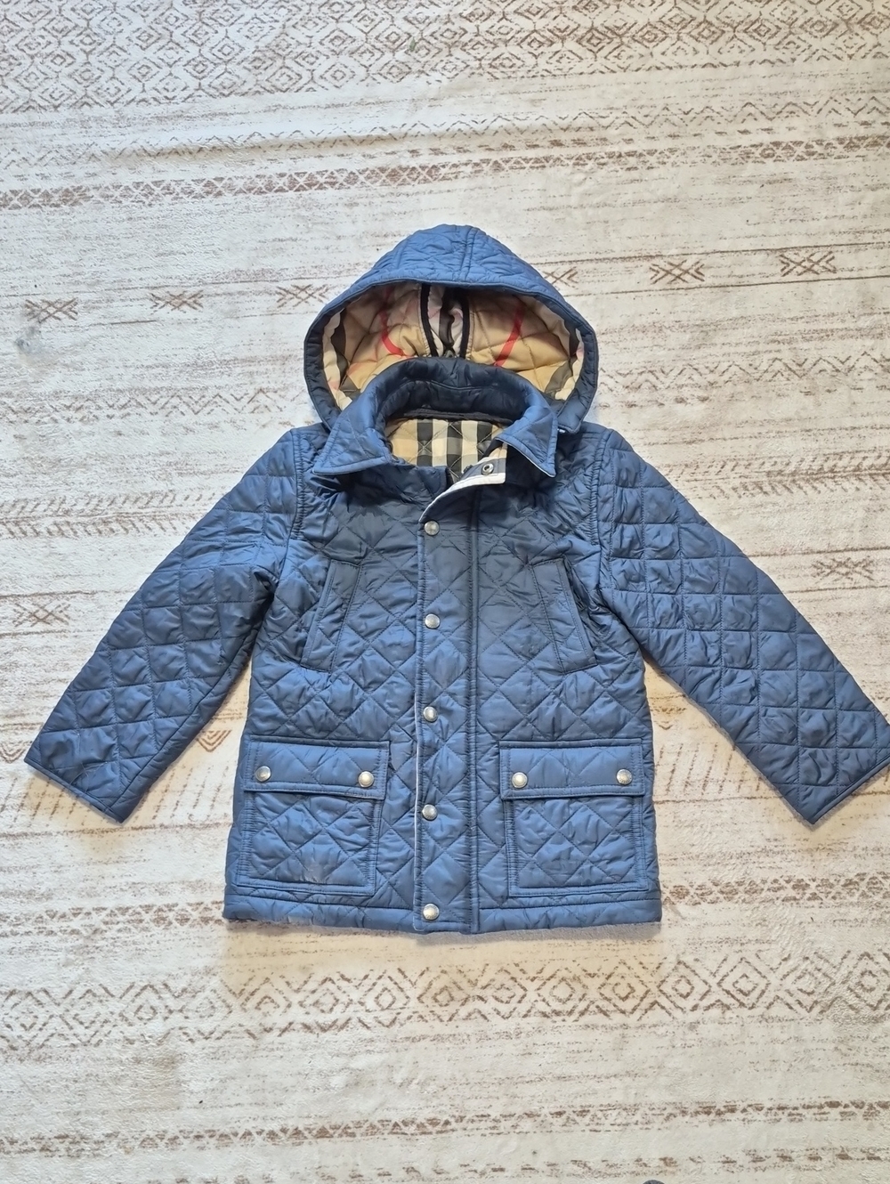 Burberry Quilted Blue Hooded Kids Puffer Coat with Classic Check Lining